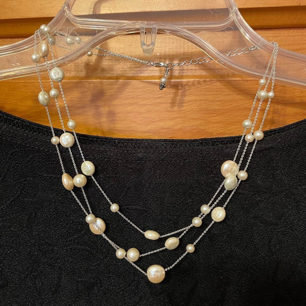 Triple strand silver and pearl necklace